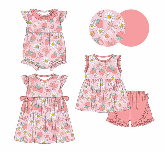 1.4 custom each style moq 5eta 4-6week Sibling Sistes bow strawberry baby girl short sleeve shorts sets and dress and rompers match family design