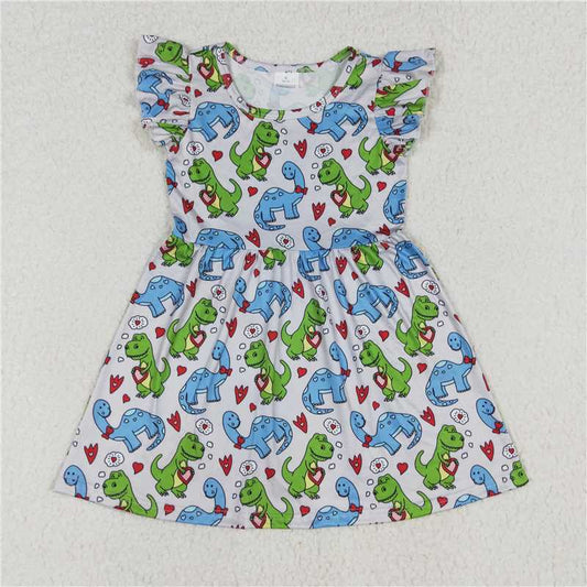 RTS SALES NO MOQ G6-17-4.，* Blue and Green Dinosaur Gray and White Flying Sleeve Skirt 蓝绿恐龙灰白色飞袖裙