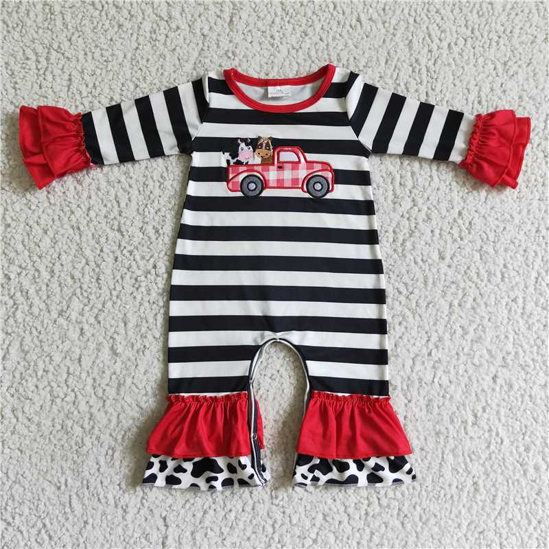 Baby Girls compact car prints black-white plaid red Sibling Rompers Clothes Sets