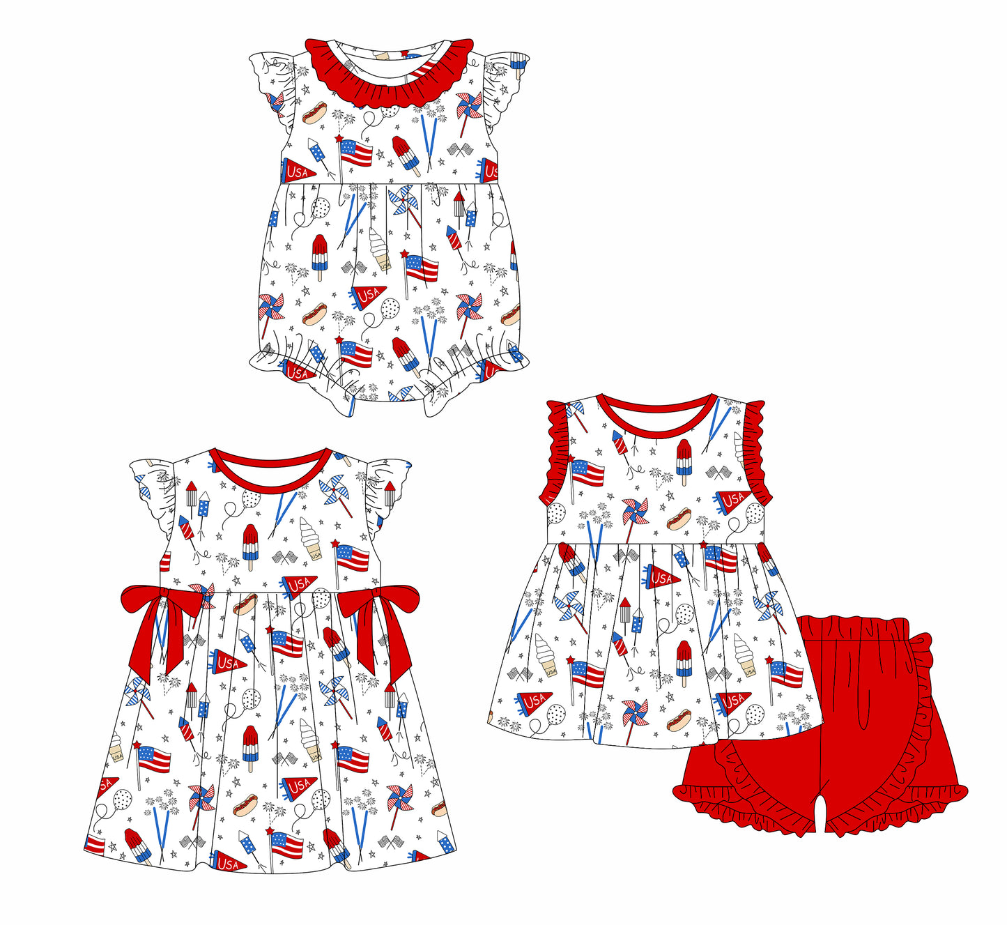 12.30 custom each style moq 5eta 4-6week Sibling Sister 4th of july baby girl short sleeve shorts sets and dress and rompers match family design