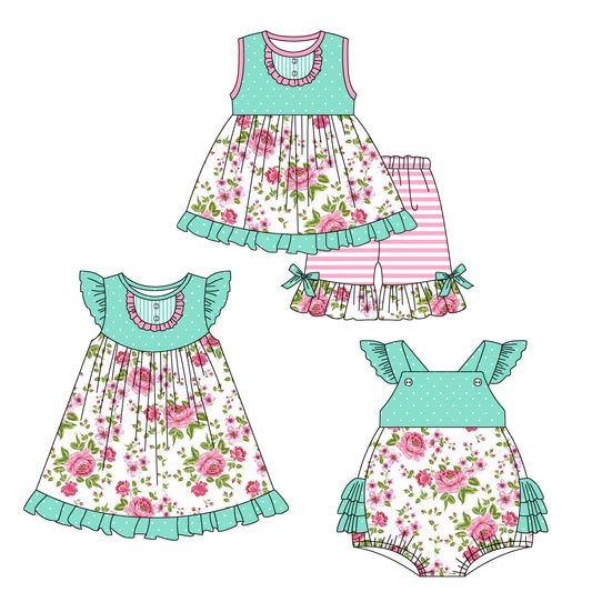 12.28 custom each style moq 5eta 4-6week Sibling Sister floral baby girl short sleeve shorts sets and dress and rompers match family design