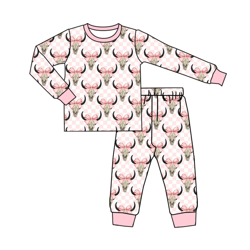 5.14custom each style moq 5eta 4-5week Sibling Sister Pink bow horn head prints pink-white plaid girls and boys outfits and baby romper and dress match family design