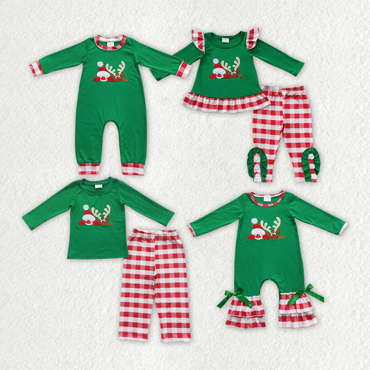 RTS NO MOQ GLP0507 Embroidered Santa Claus reindeer plaid lace green long-sleeved trousers suit