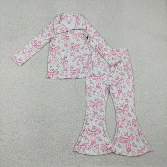 RTS NO MOQ（In Stock) GT1082+P0773 White yoga zip-up long-sleeved top with floral and bow pattern trousers set