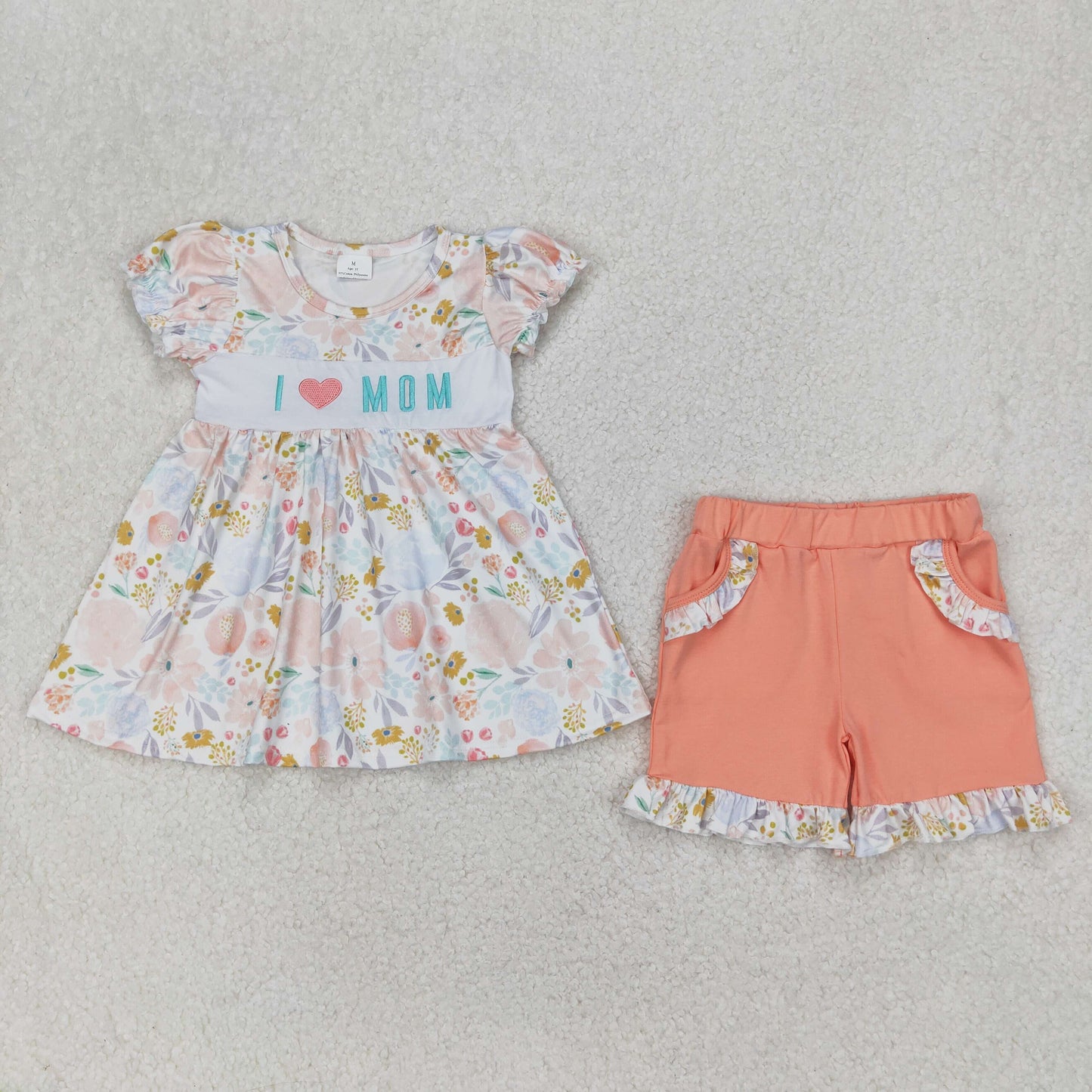 RTS NO MOQ GSSO2408 Embroidered i love mom flower leaf short sleeve orange shorts set