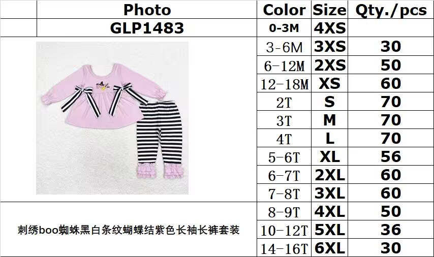 rts no moq GLP1483 Embroidered boo spider black and white striped bow purple long sleeve trousers set