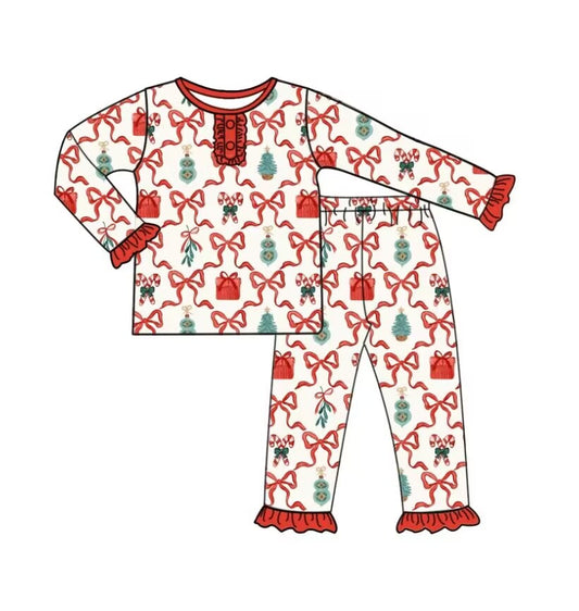 custom moq 5 eta 5-6weeks baby girls clothes Christmas bow red lace long sleeve pants Set