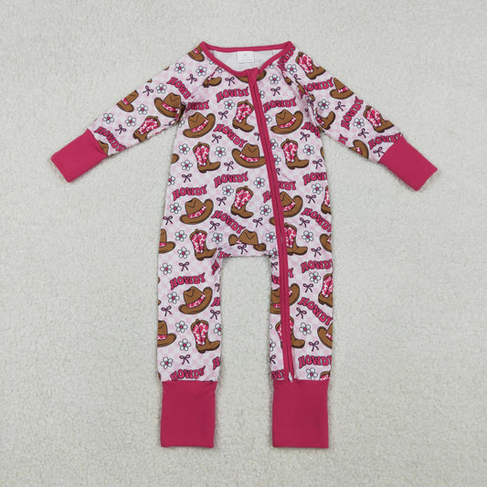 RTS NO MOQ（In Stock) LR2516 Howdy Cowboy Hat Boots Floral Pink Plaid Zipper Long-Sleeved Jumpsuit