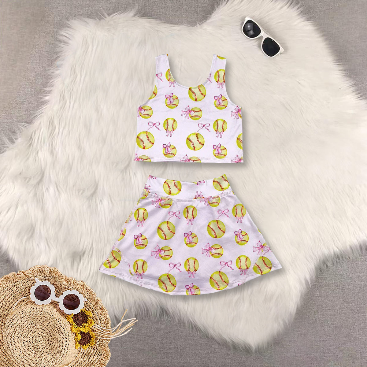 RTS NO MOQ Sibling baby girl clothes baseball sleeveless skirt yoga set