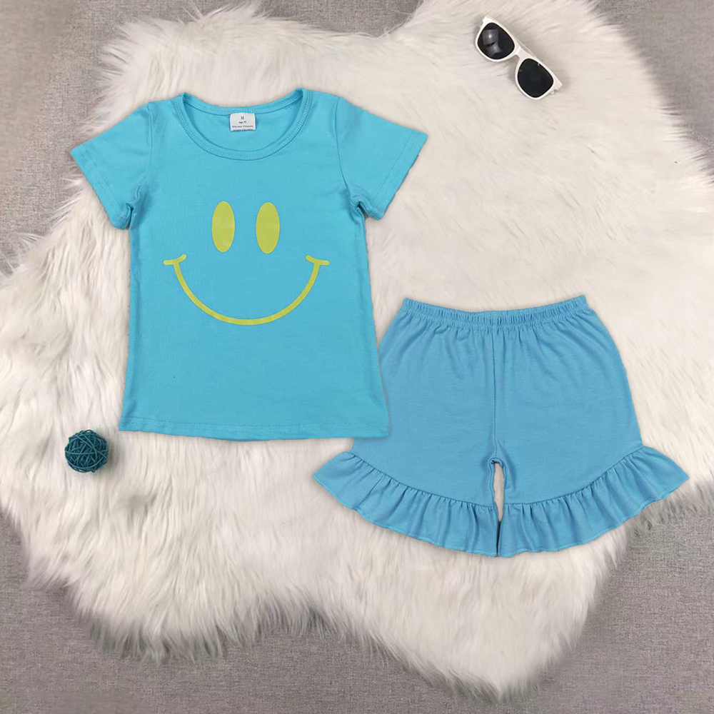RTS no moq GT0960+SS0272 smiley blue short sleeve top Blue one layer lace shorts sets