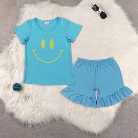 RTS no moq GT0960+SS0272 smiley blue short sleeve top Blue one layer lace shorts sets