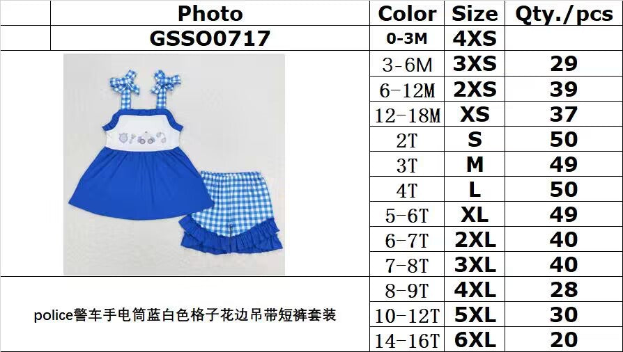 GSSO0717 police flashlight blue and white plaid lace suspender shorts suit