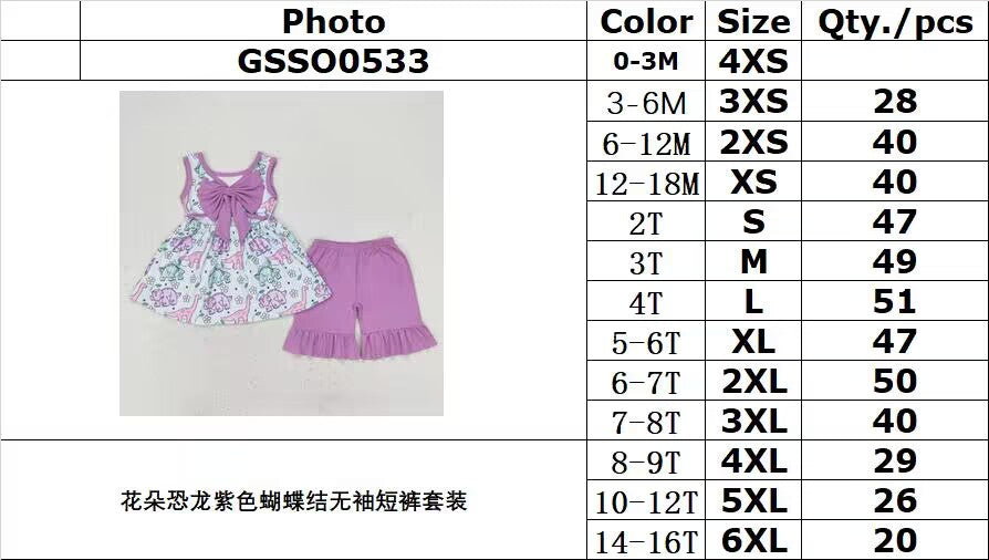 rts no moq GSSO0533 Flower Dinosaur Purple Bow Sleeveless Shorts Set