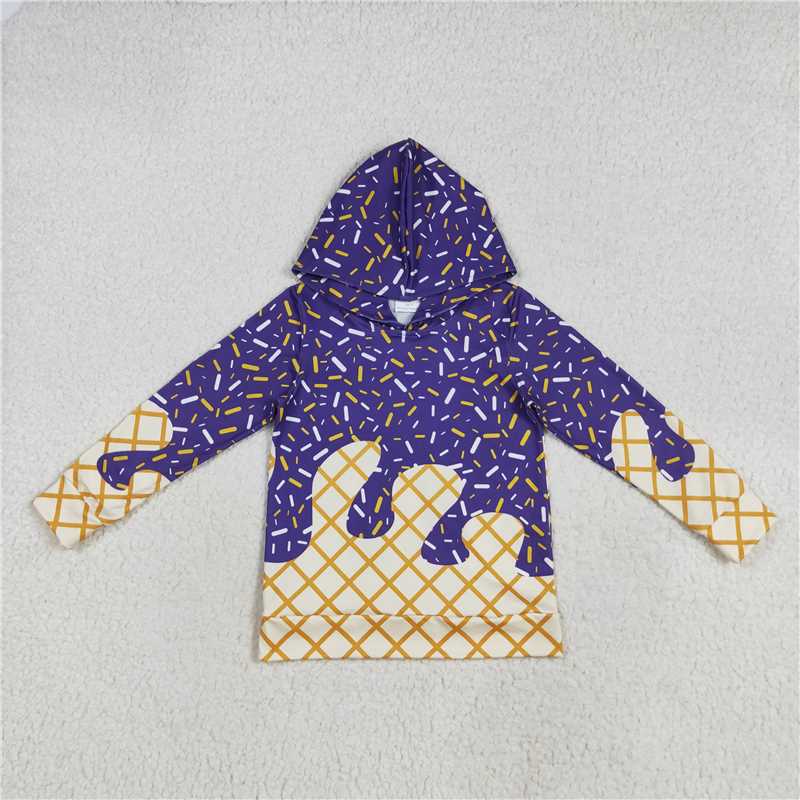 RTS NO MOQ Sibling baby boy clothes Waffle ice cream purple hooded long sleeve tops