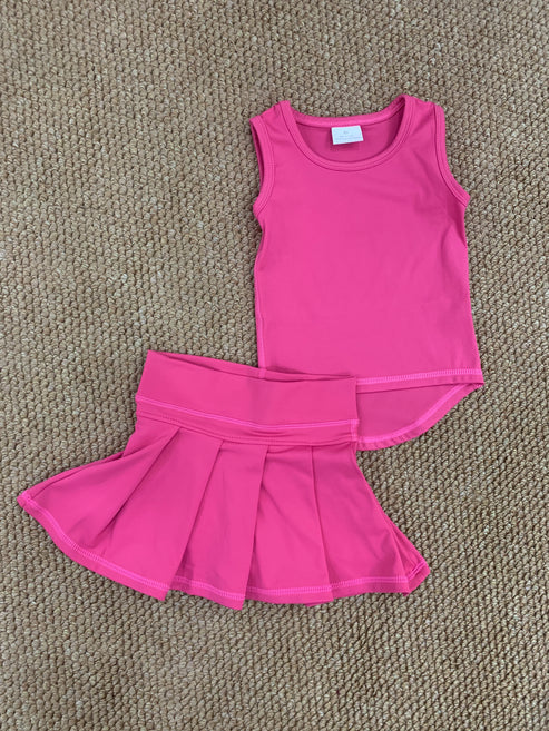 RTS NO MOQ Baby Girls Hot Pink Sleeveless Vest Shirt And Pleated Skorts Yoga Active Wear Set Toddler Outfit for Girls