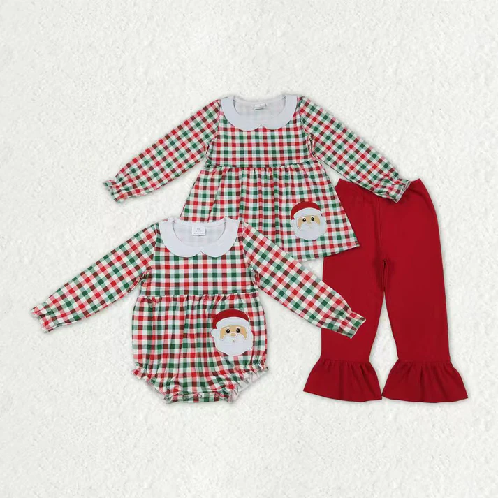 RTS NO MOQ Sibling Baby girls clothes Embroidery Christmas long-sleeved trousers suit & rompers