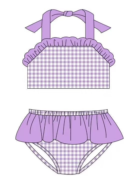 custom moq 5 eta 4-6 weeks girls purple grid summer swimsuit summer swimming