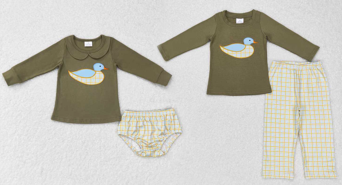 Baby boys duck dark green Sibling Sister Clothes Sets