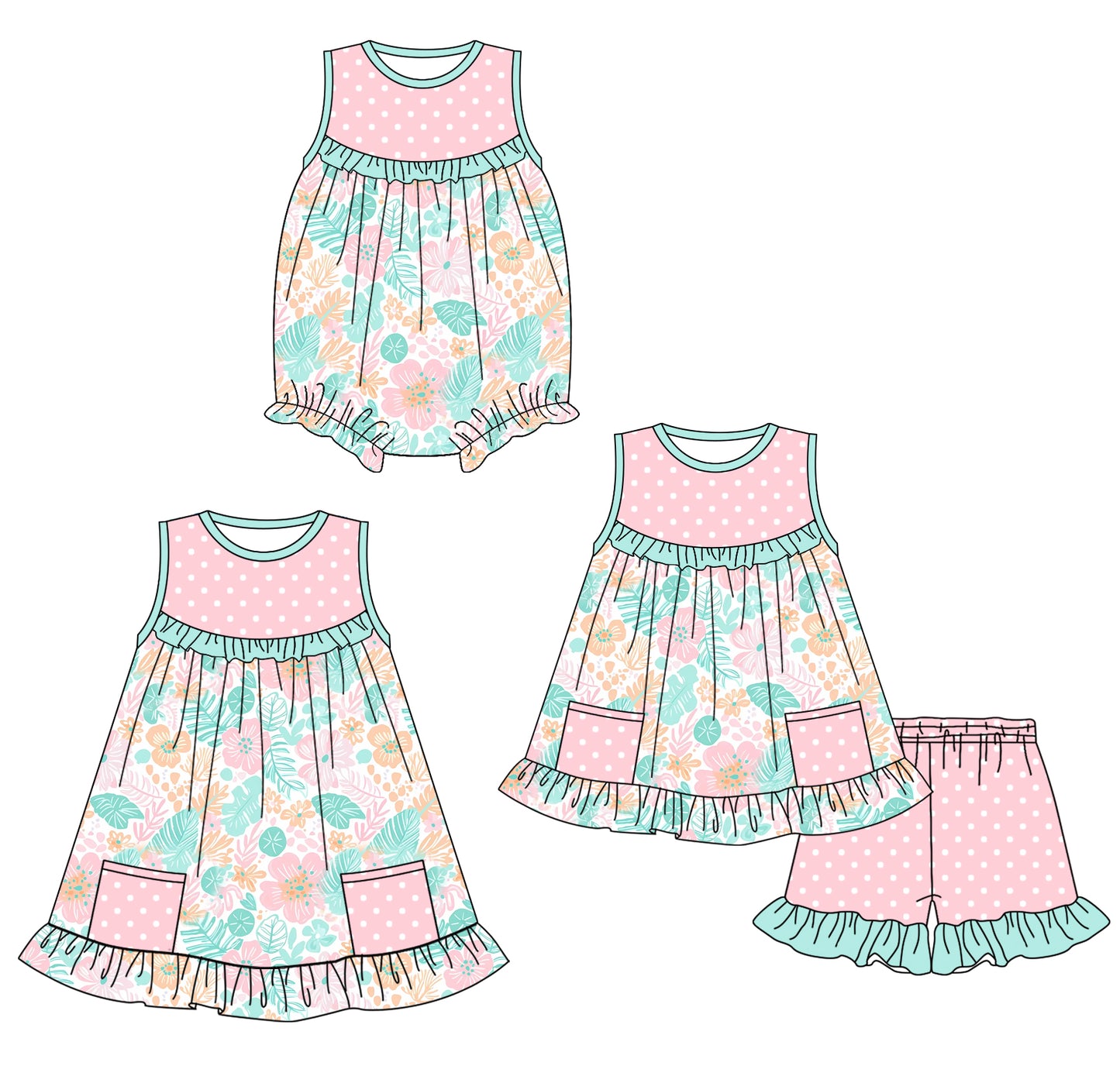 1.24 custom each style moq 5eta 4-6week Sibling Sisters floral baby girl short sleeve shorts sets and dress and rompers match family design