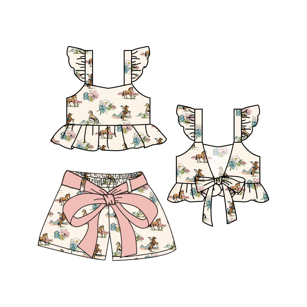 1.17 custom each style moq 5eta 4-6week Sibling Sister baby girls short sleeve shorts sets 1 and sets 2 and sets 6 match design