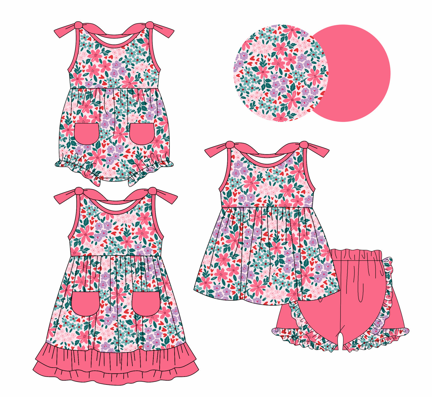 1.6 custom each style moq 5eta 4-6week Sibling Sistes floral baby girl short sleeve shorts sets and dress and rompers match family design