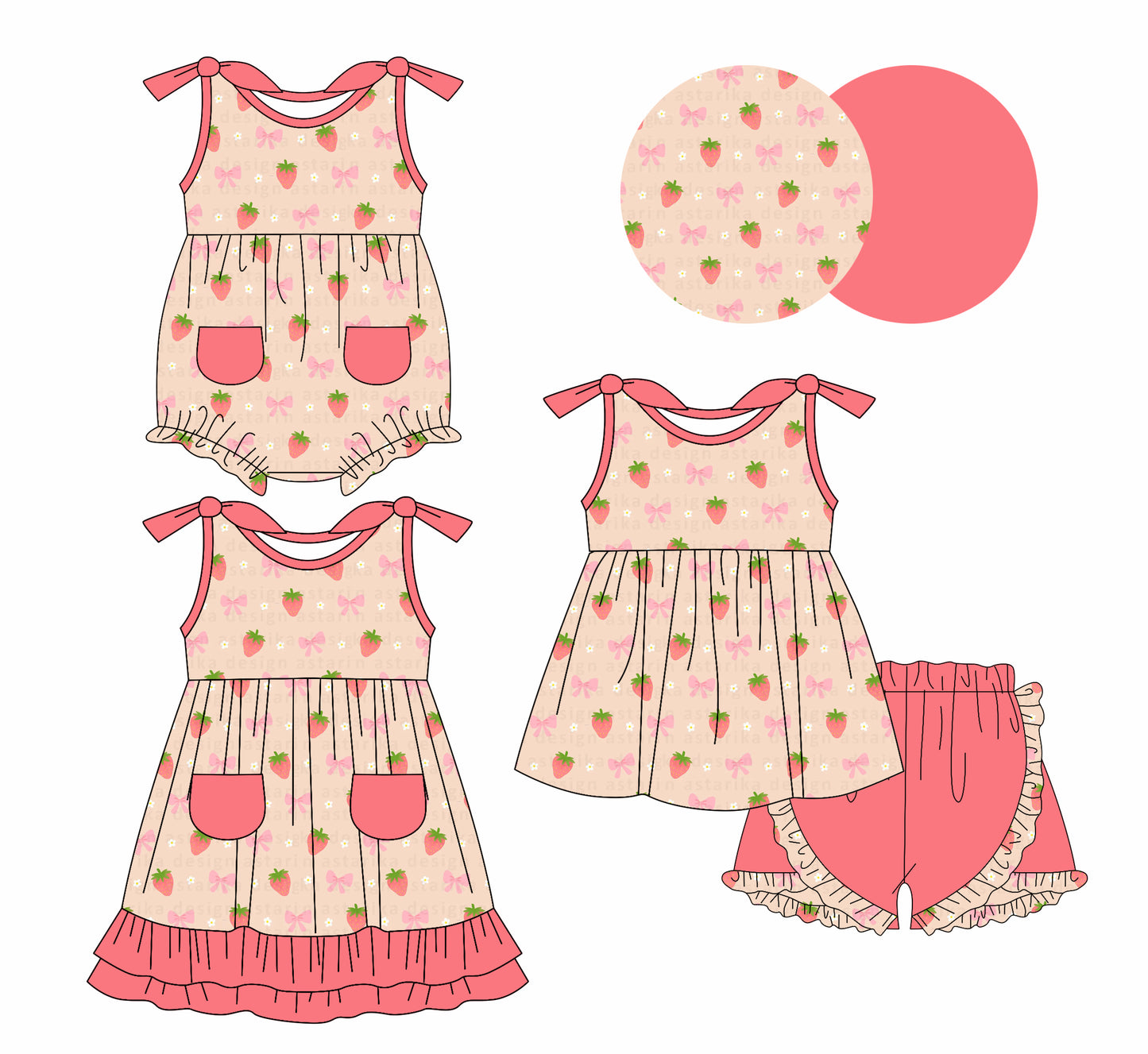 1.10 custom each style moq 5eta 4-6week Sibling Sister strawberry bow baby girl short sleeve shorts sets and dress and rompers match family design