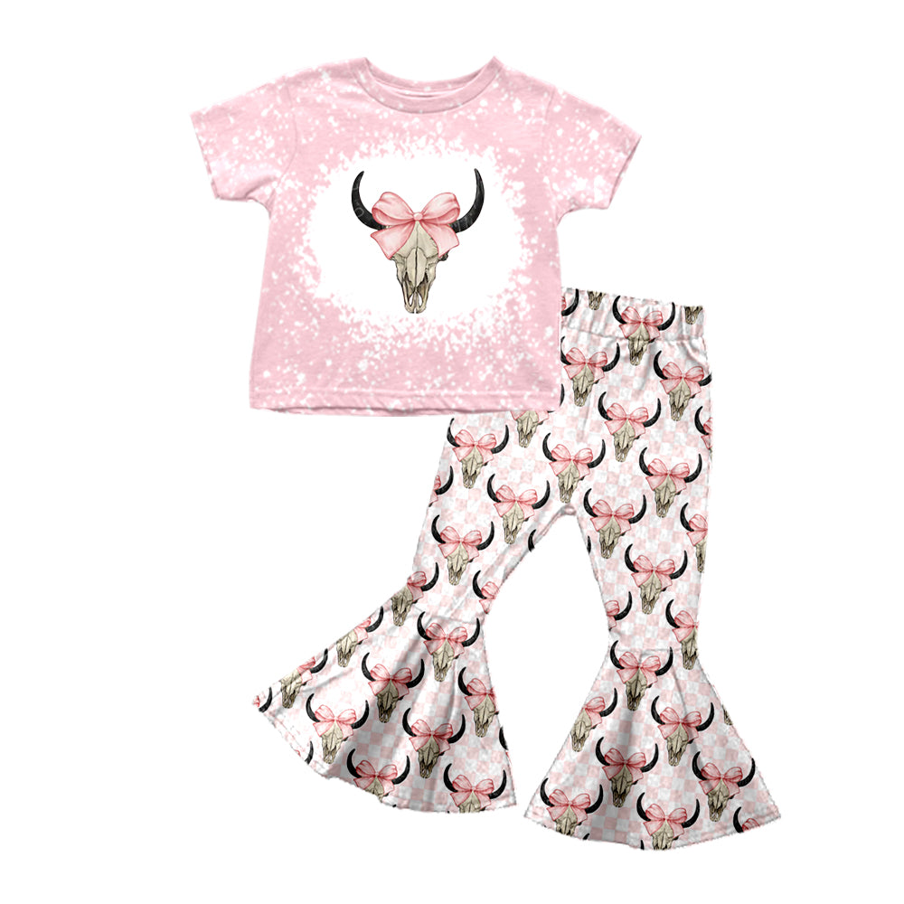 5.14custom each style moq 5eta 4-5week Sibling Sister Pink bow horn head prints pink-white plaid girls and boys outfits and baby romper and dress match family design