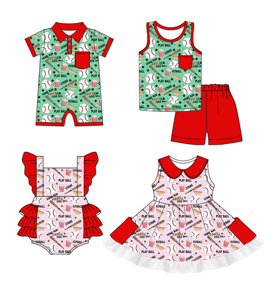 1.2 custom each style moq 5eta 4-6week Sibling Sister baseball baby girl short sleeve shorts sets and girls romper and boy romper and dress match design