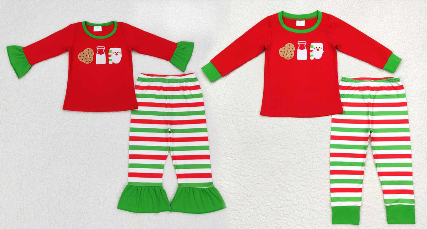 Baby Girls boys Christmas style printed red top and green and red striped trousers Family siblings set