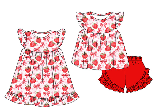 12.30 custom each style moq 5eta 4-6week Sibling Sister strawberry bow baby girl short sleeve shorts sets and dresses match design