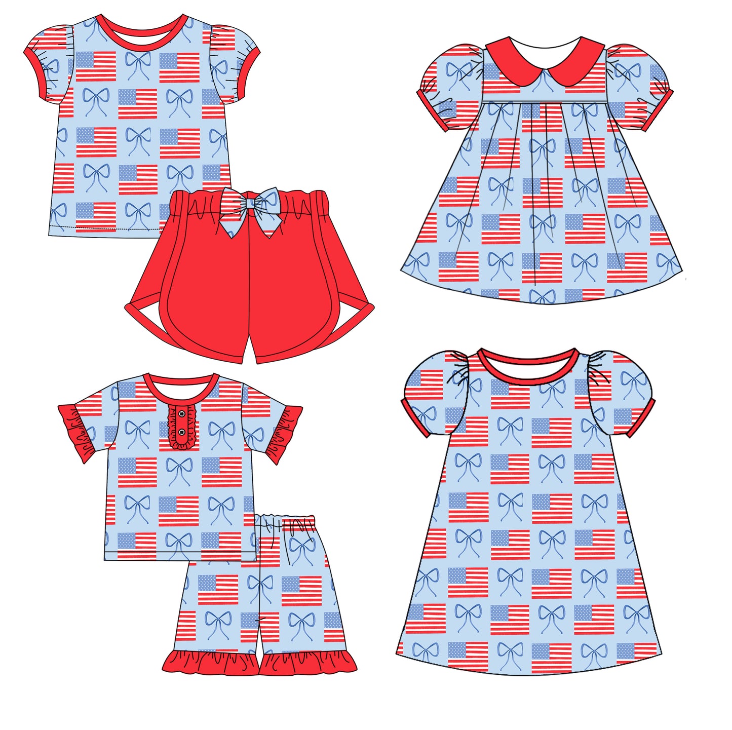 12.31 custom each style moq 5eta 4-6week Sibling Sistes flag bow baby girl short sleeve shorts sets 1 and sets 2 and dress 1 and dress 2 match family design