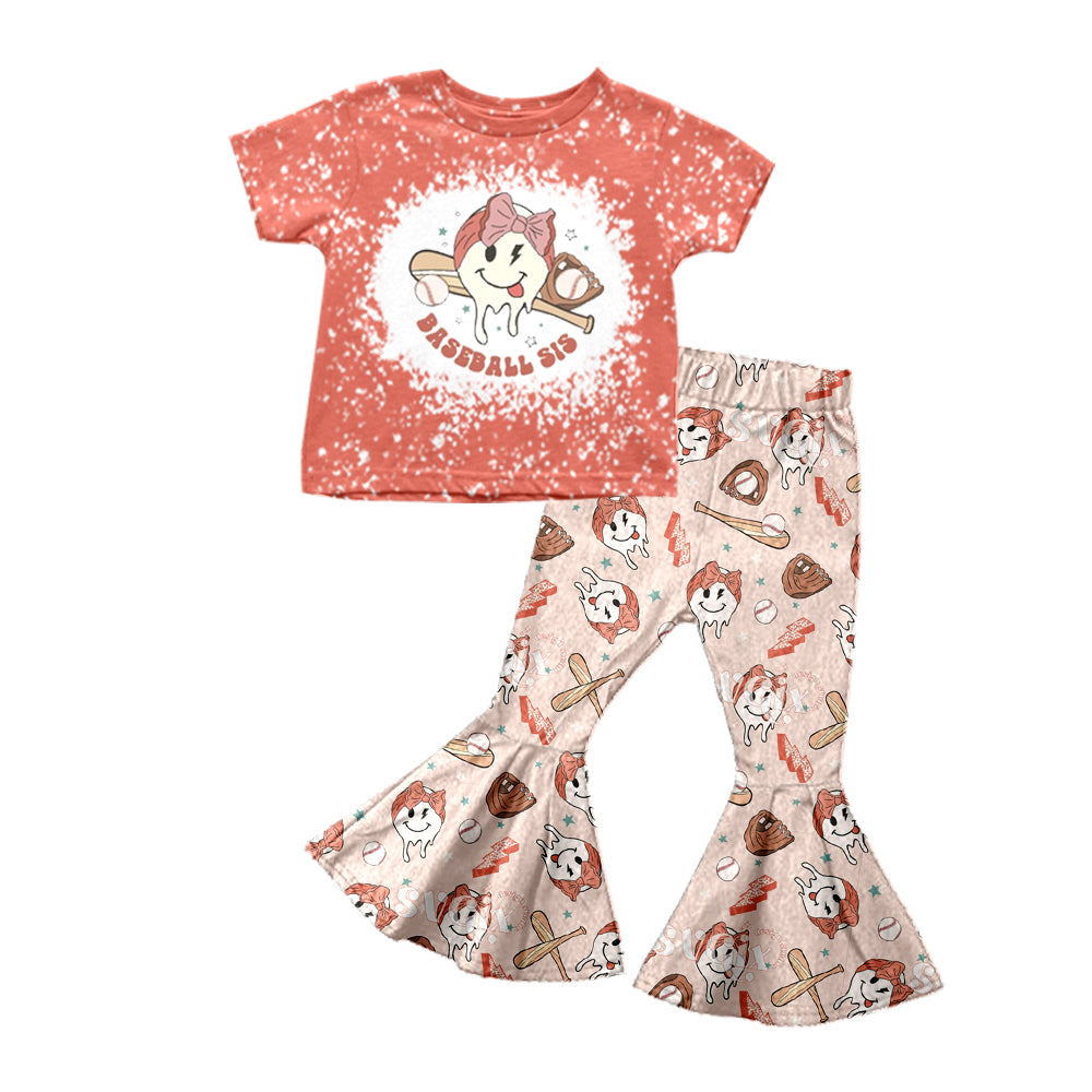 4.27custom moq 5 eta 4-5weeks BASEBALL SIS printed short sleeves with long bell-bottom pants set