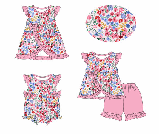 1.11 custom each style moq 5eta 4-6week Sibling Sister floral baby girl short sleeve shorts sets and dress and rompers match family design