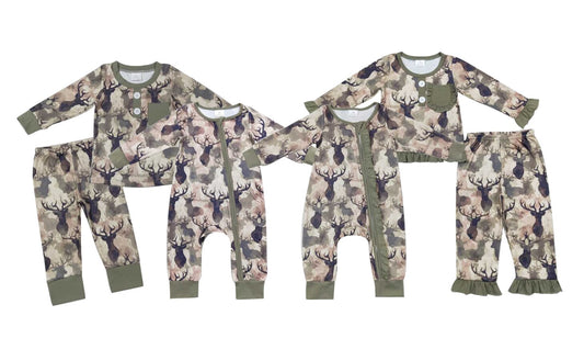 RTS Baby Kids deer prints green Sibling Rompers Clothes Set