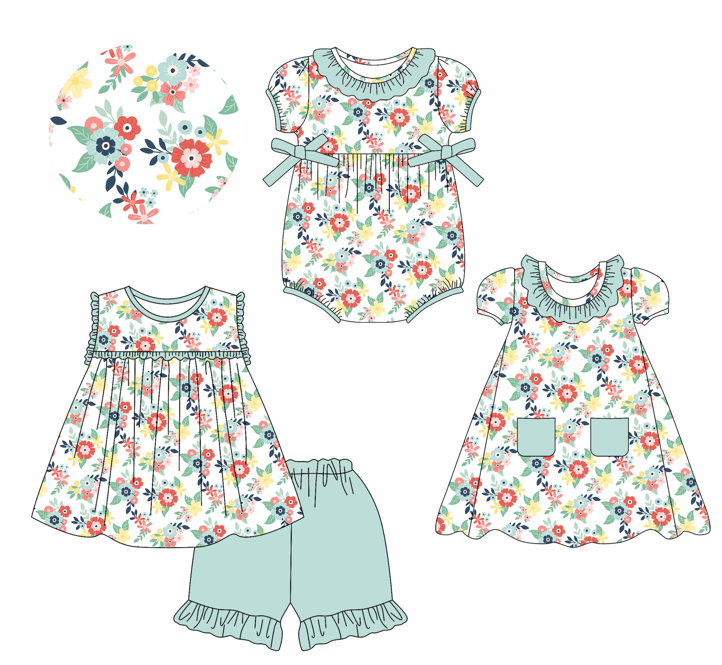 2.13 custom each style moq 5eta 4-6week Sibling Sisters floral baby girl short sleeve shorts sets and dress and rompers match family design