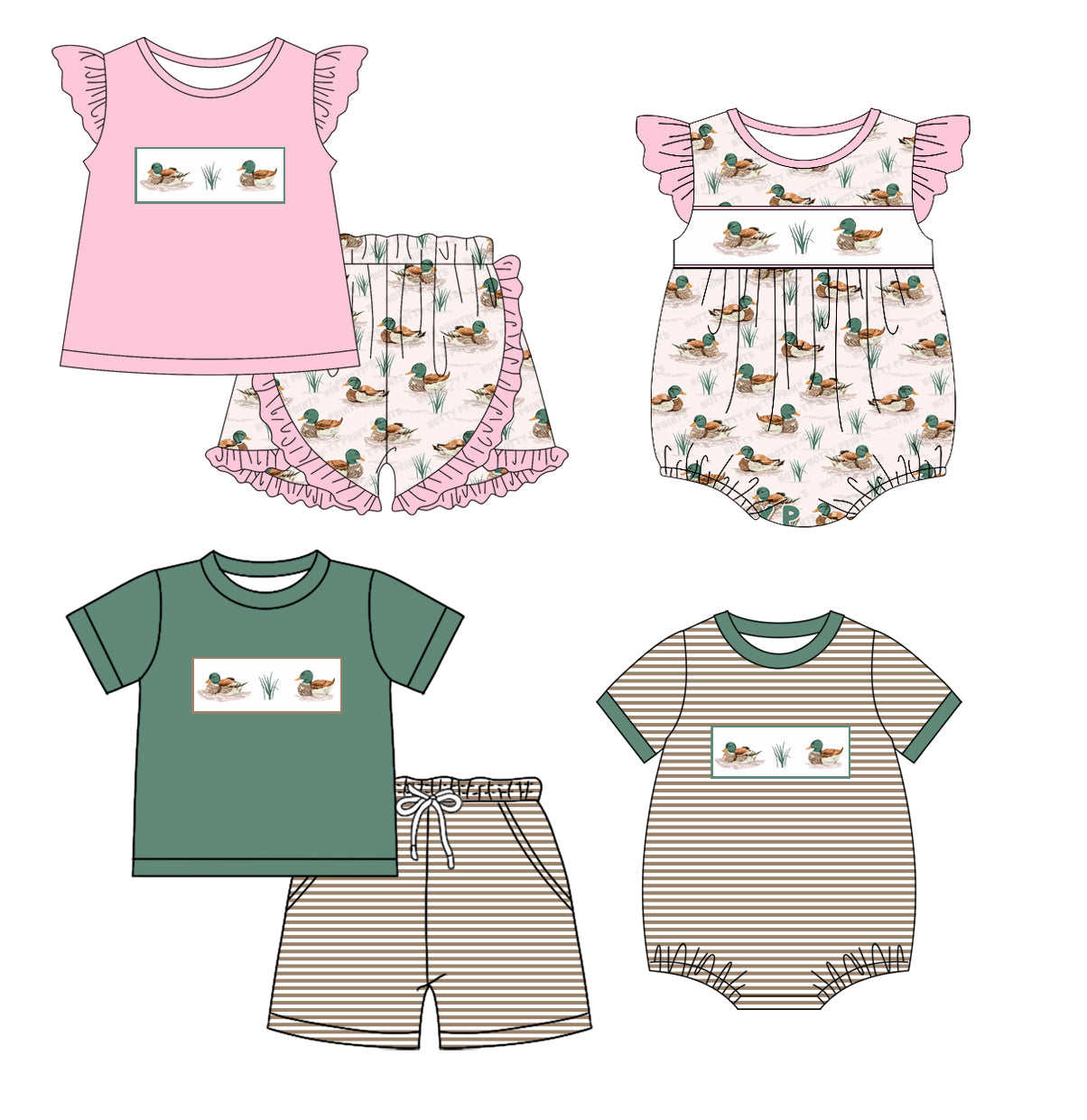 1.18 custom each style moq 5eta 4-6week Sibling Sister duck baby girl short sleeve shorts sets and sets 2 and boy romper and girl romper match design