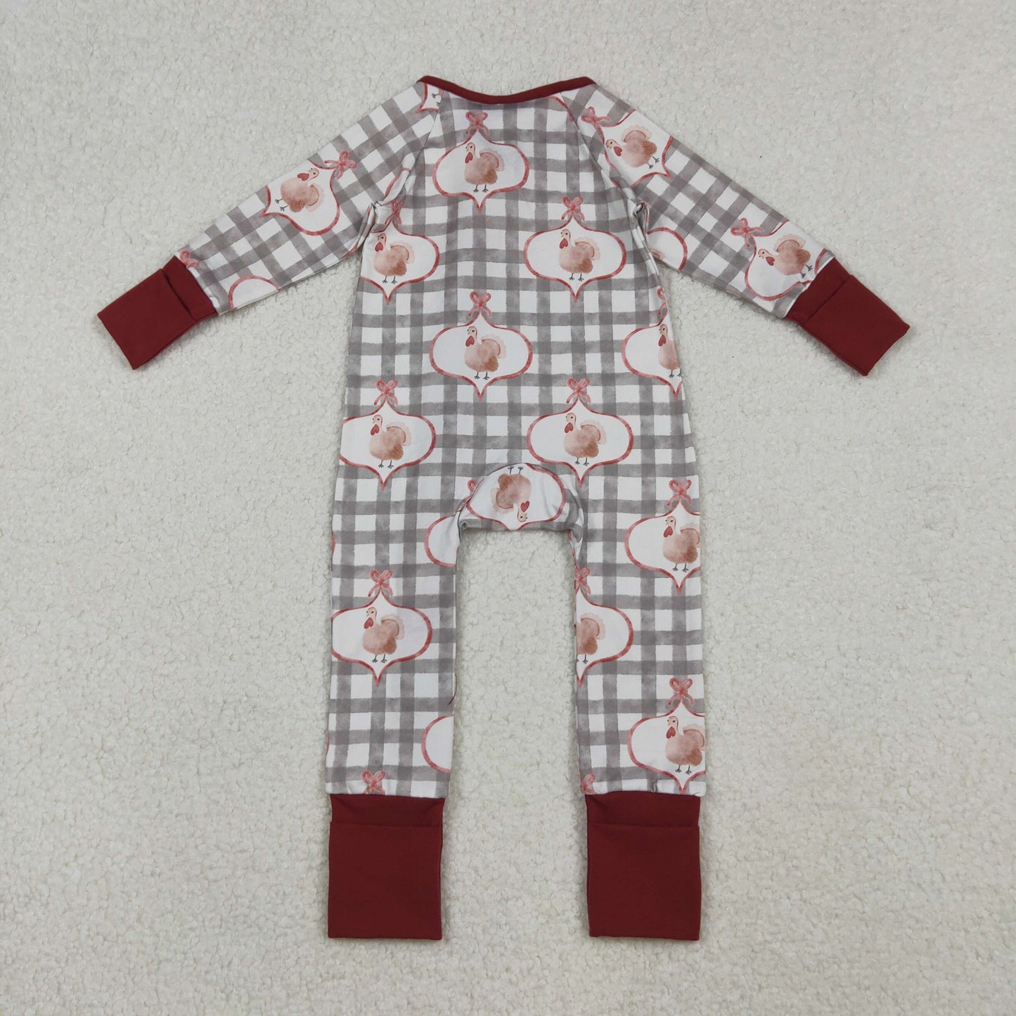 RTS NO MOQ（In Stock) LR2691 Turkey Plaid Bow Pattern Zippered Long-Sleeved Bodysuit