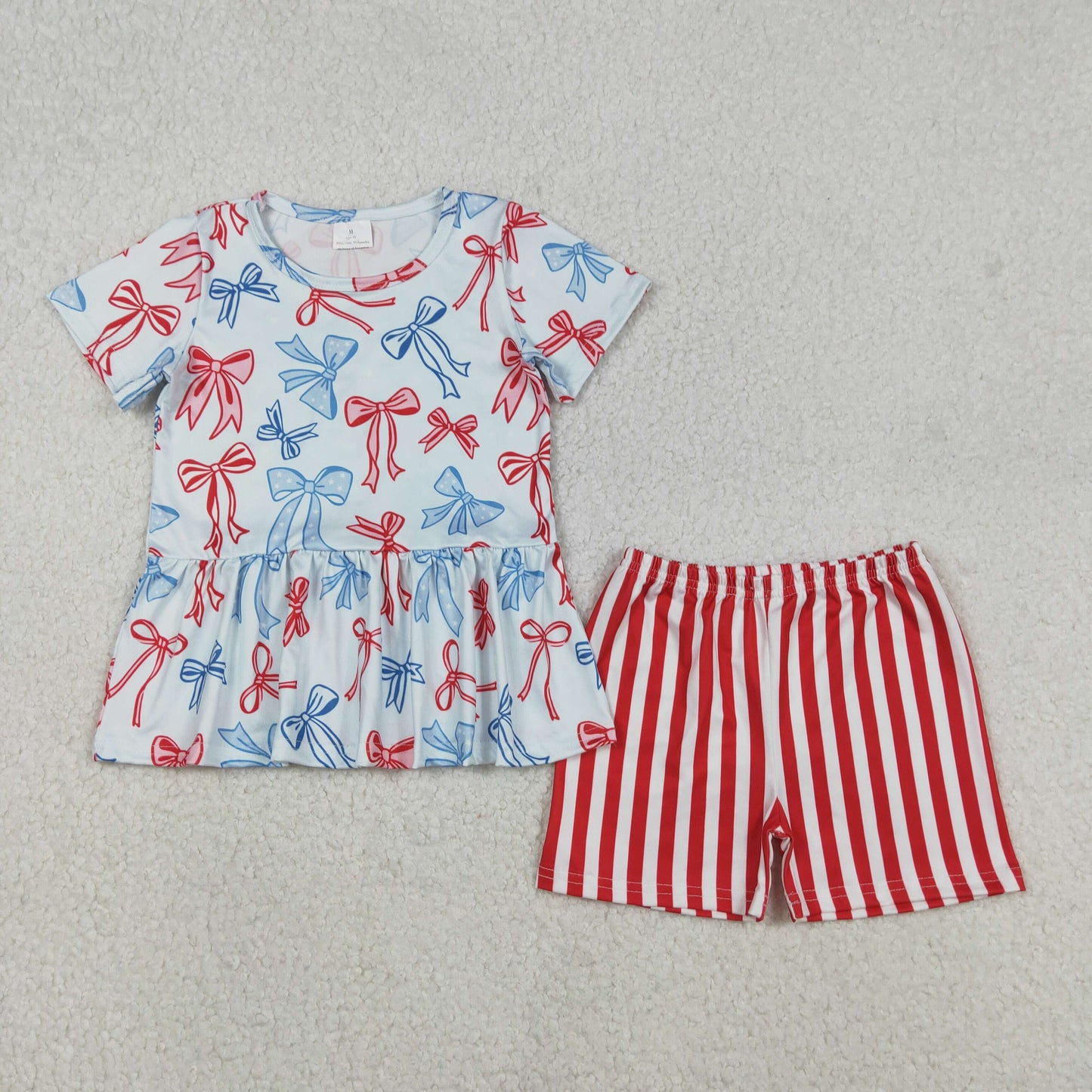 RTS NO MOQ（In Stock) National Day Red and Blue Bow Pattern Short-Sleeved Vertical Striped Shorts Set