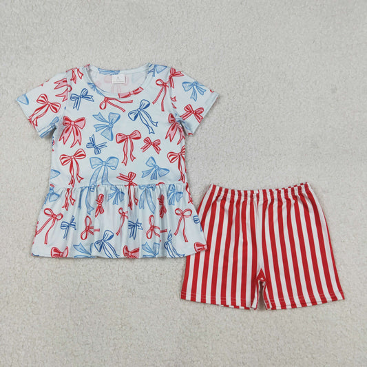 RTS NO MOQ（In Stock) National Day Red and Blue Bow Pattern Short-Sleeved Vertical Striped Shorts Set