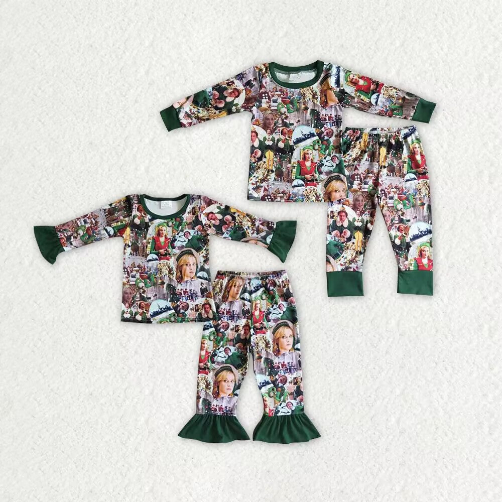 RTS NO MOQ GLP0141 BLP0051 Girls Pattern Green Long Sleeve Set: Boys & Girls