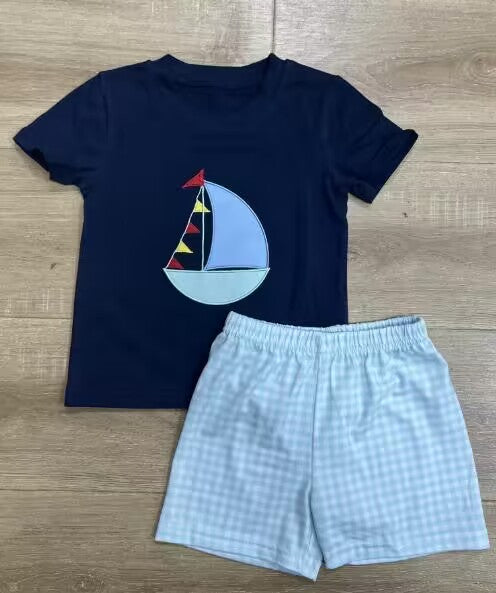 custom moq 5 eta 4-5 weeks baby boys clothes boat navy blue short sleeve striepd shorts summer outfit