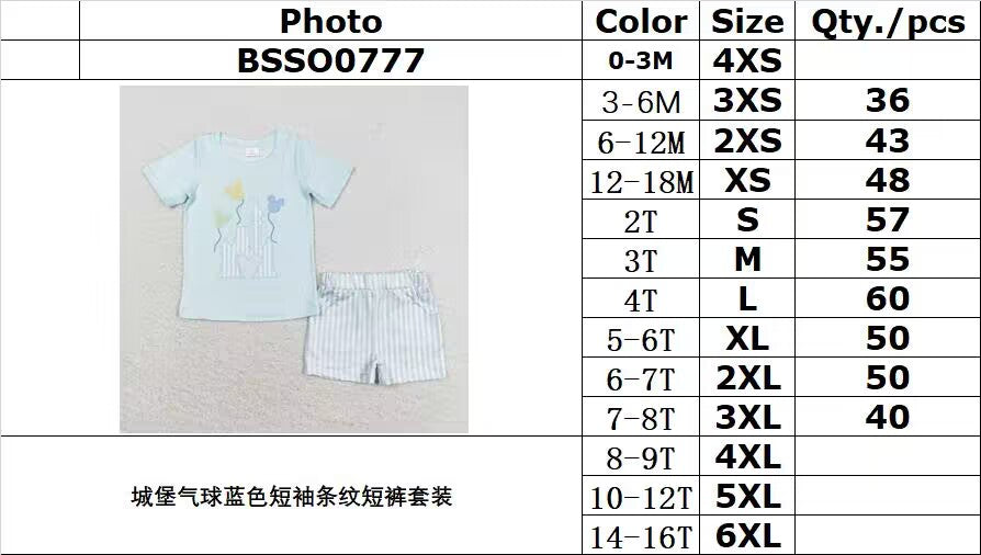 rts no moq BSSO0777 Castle Balloon Blue Short Sleeve Striped Shorts Set