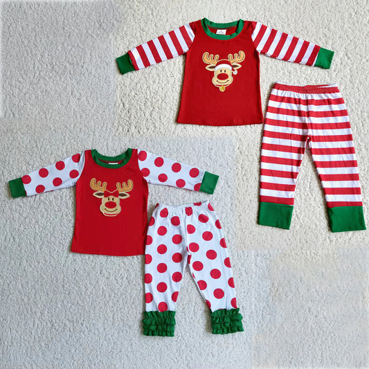 RTS NO MOQ 6 B2-22 6 B4-18  Plush Christmas Elk Red Polka Dot Long Sleeve Suit & Striped Long Sleeve Suit