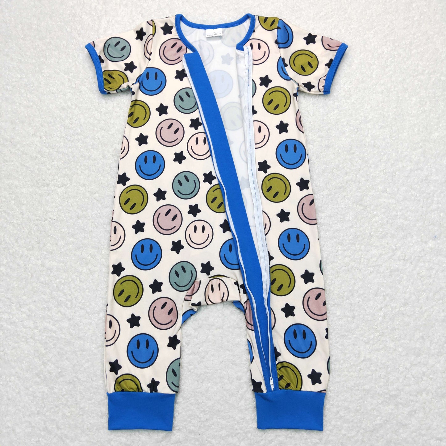 SR0944 Smiling Stars Beige Blue Zip Short Sleeve Jumpsuit