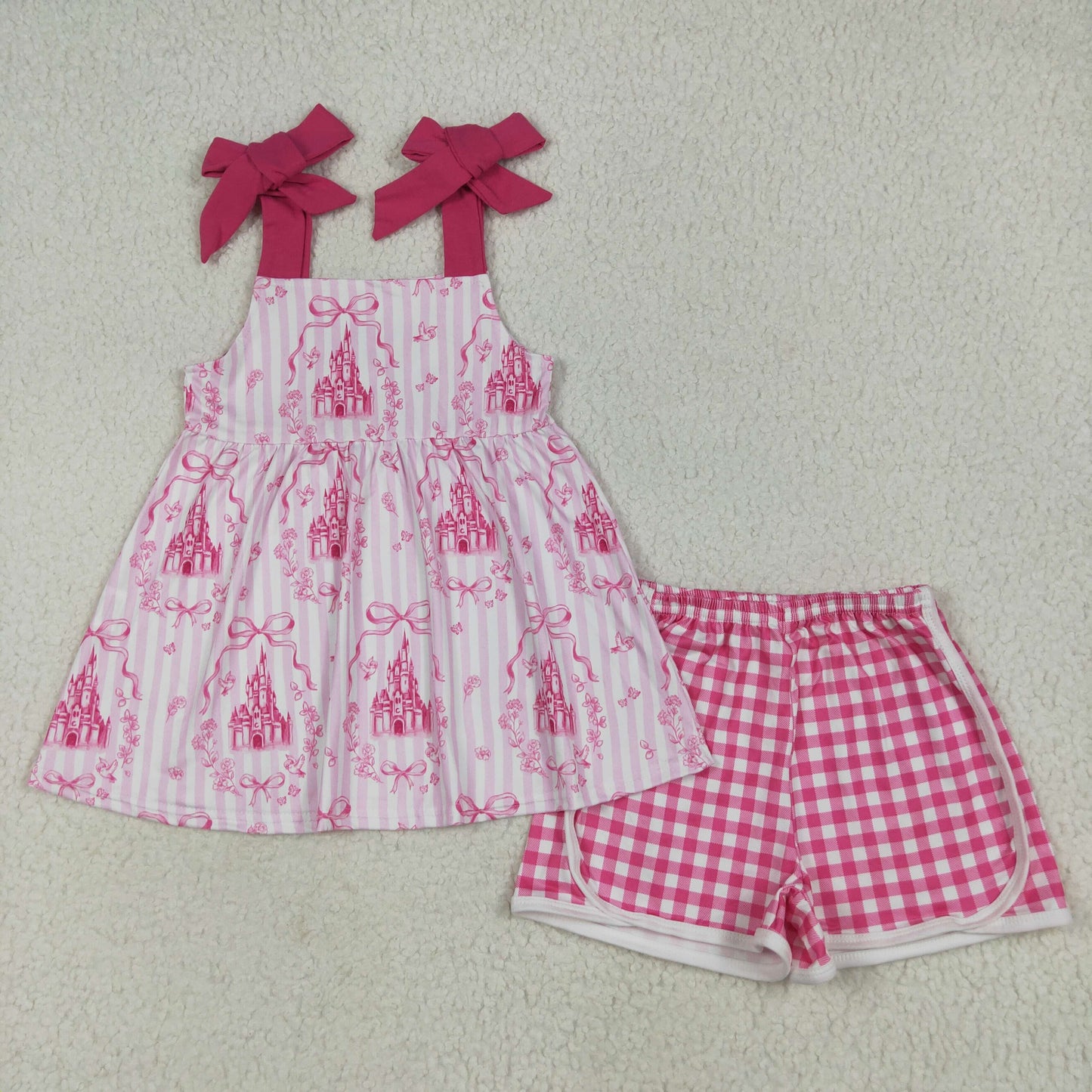 RTS NO MOQ Sibling Baby girls clothes casle pink suspender shorts suit & rompers amd yoga dress