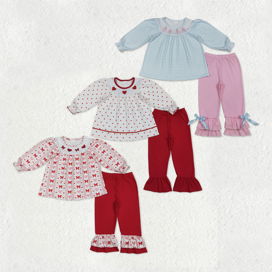 RTS NO MOQ Sibling baby girls clothes valentine embroidery love long sleeve pants sets