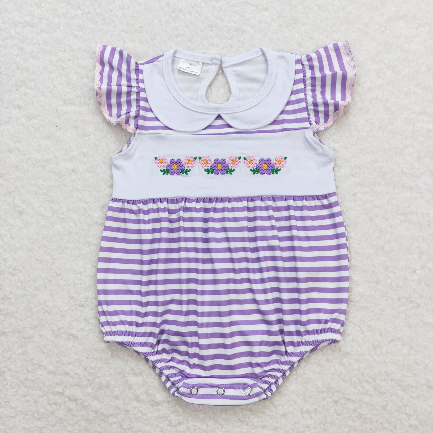 SR1051 Embroidered floral purple and white striped babydoll collar tank top jumpsuit