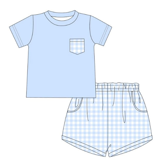 custom moq 5 eta 5-6 weeks baby boys clothes light blue short sleeve grid shorts summer outfit