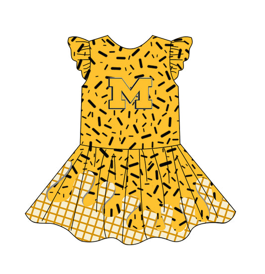 custom moq 3 eta 6-7weeks baby girls clothes team yellow flying Sleeves Dress