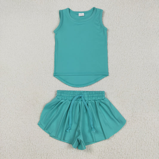RTS NO MOQ GT1018+SS0553 Solid mint green sleeveless vest yoga top shorts sets